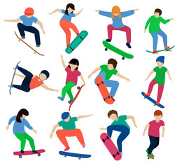 Skateboarders vector boy or girl characters skateboarding on skateboard or teenager skaters jumping on board in skatepark illustration set of people skating isolated on white background