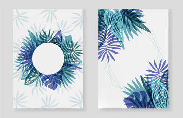 Set of bright color frames with round and corners mess of blue and purple tropical leaves. Trendy vertical exotic greenery border for summer greeting cards, banner design, wedding decoration