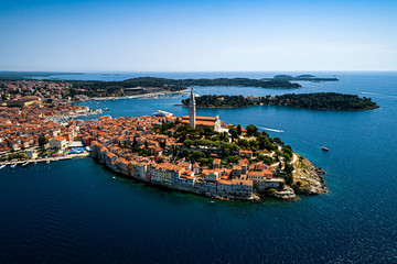 Naklejka na ściany i meble The old town of Rovinj, Istria, Croatia travel destination - beautiful aerial view