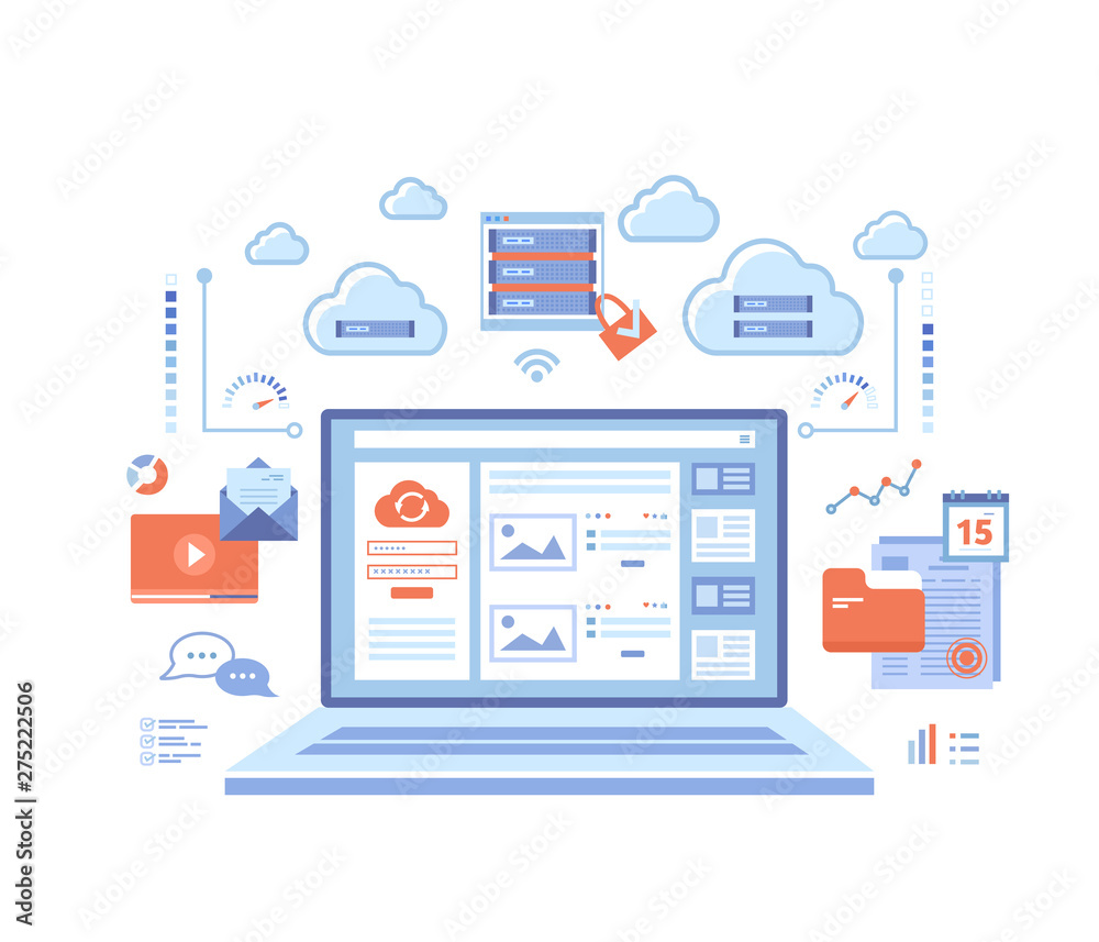 Wall mural cloud computing and web services, technology, data storage, hosting, connection. login page and pass