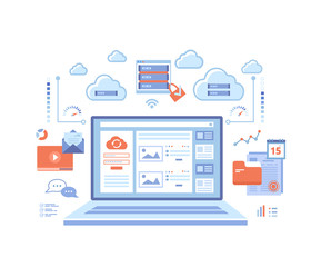 Cloud computing and web services, technology, data storage, hosting, connection. Login page and password on laptop screen, server, infographic elements. Vector illustration on white background.