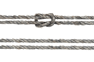 Set of Gray rope string with knot. Isolated on white background. Nautical style. Watercolor illustration.
