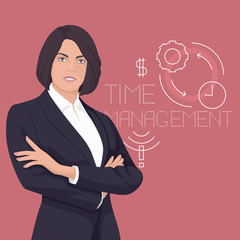 Elegant Business Woman. Adult person. Time management icons. Business background. Vector Illustration.