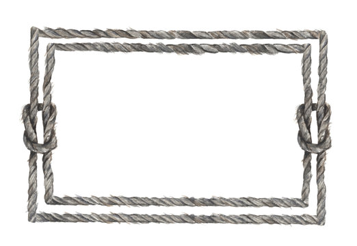 Watercolor painting of Gray rope frame with knots. Isolated on white background. Nautical style.