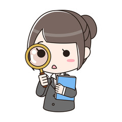 Printファイルを持って虫眼鏡を覗き込んでいるスーツの女性