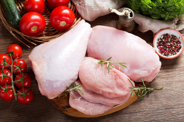 fresh turkey meat with ingredients for cooking, top view