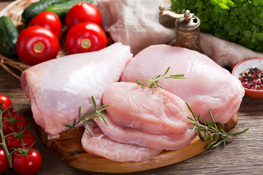 fresh turkey meat with ingredients for cooking