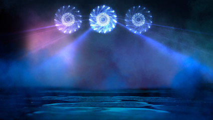 Empty stage, blue neon, abstract blue background. Rays of searchlights, light, abstract tunnel, corridor.