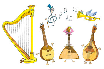 Set of funny musical instruments in cartoon style. Isolated on white background. Vector...