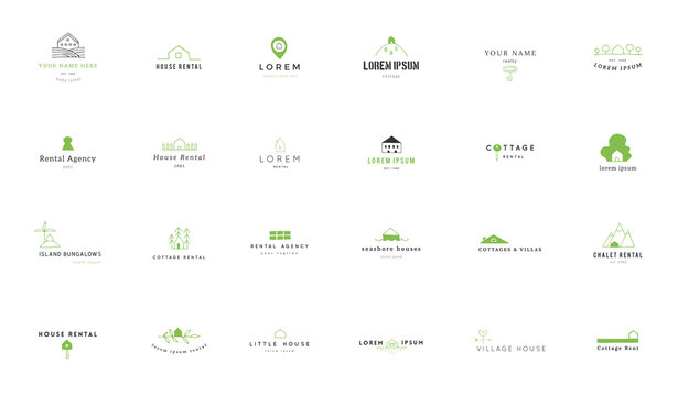 Set of vector hand drawn logo templates in colour. House rental theme.