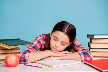Close-up portrait of her she nice attractive lovely winsome sleepy girl wearing checked shirt...