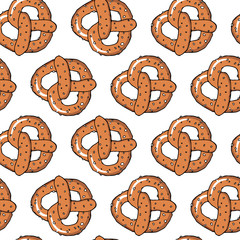 Seamless background design with baked pretzel hand-drawn illustration