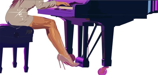 The pianist plays the piano, she is a girl with sexy legs