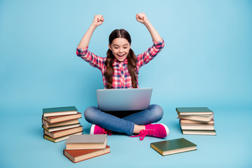 Portrait of nice attractive cheerful cheery positive smart clever girl wearing checked shirt...