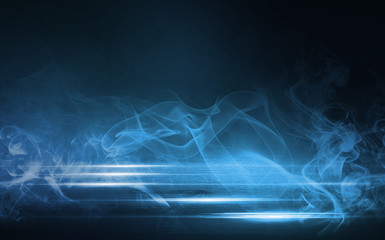 Empty background scene. Dark street reflection on wet asphalt. Rays of neon light in the dark, neon figures, smoke. Background of empty stage show. Abstract dark background.