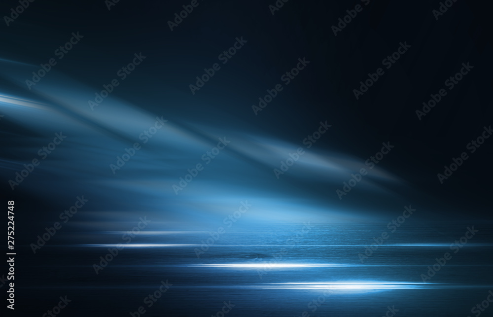Aufkleber empty background scene. dark street reflection on wet asphalt. rays of neon light in the dark, neon 