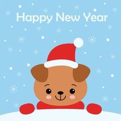 Little Puppy card. Young Funny Dog. Cute brown playful puppy in hat as Santa Claus. Clipart vector illustration.