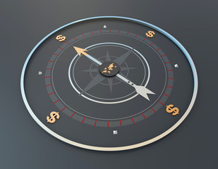 Compass and currency symbols, financial economic development goals and plans,world and dollar