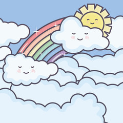 cute summer sun and clouds with rainbow kawaii characters
