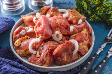 Marinated meat  ready for cook on skewers.
