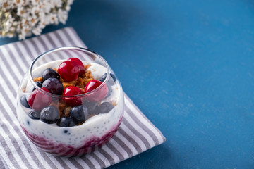 Chia pudding with berries. Healthy breakfast. Copy space