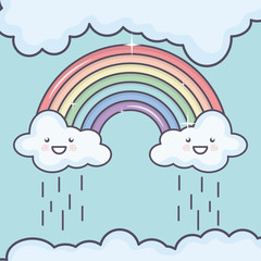 clouds sky with rainbow weather kawaii characters