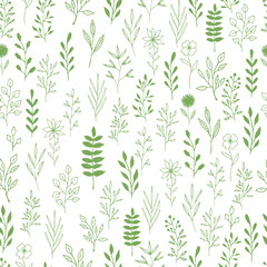 Green leaves, herbs and flowers seamless pattern. Nature fancy background. Scandinavian style.