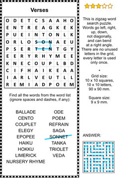 Verses themed zigzag word search puzzle (suitable both for kids and adults). Answer included.