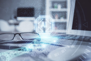 Data tech hologram with glasses on the table background. Concept of technology. Double exposure.