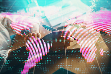 International business hud over woman's hands writing background. Concept of hard work. Double...