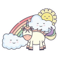 cute unicorn in rainbow with clouds and sun kawaii characters