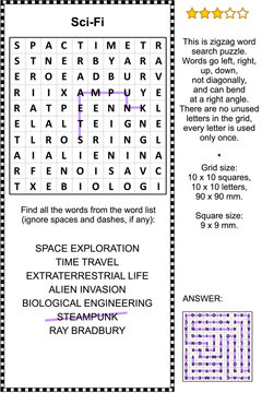 Science fiction, or sci-fi, themed zigzag word search puzzle (suitable both for children and adults). Answer included.
