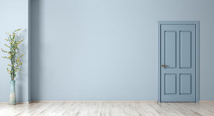 Interior background of room with blue wall, door and vase with plant 3d rendering