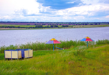 Abandoned beach at the lake, all overgrown with grass