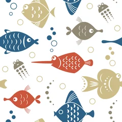 Papier peint Animaux marins modèle sans couture avec des poissons colorés inhabituels, des créatures fantastiques de la mer