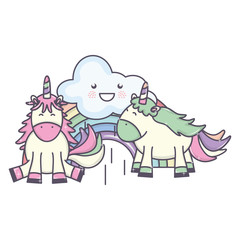 cute adorable unicorns with clouds and rainbow kawaii