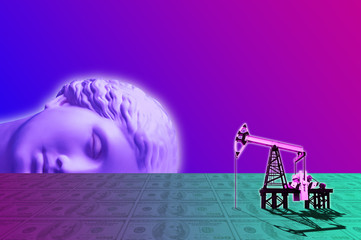 Fototapeta na wymiar Surreal art with an antique statue of a head, pump jack on a dollar field. Contemporary art collage.