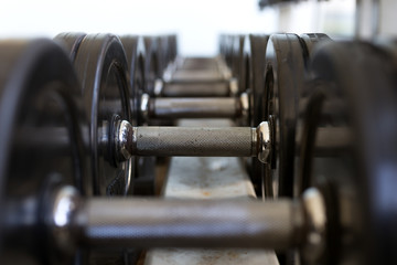 Heavy black metal dumbbells lying in a row, closeup