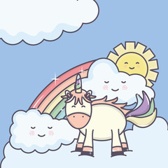cute adorable unicorn with clouds sunny and rainbow