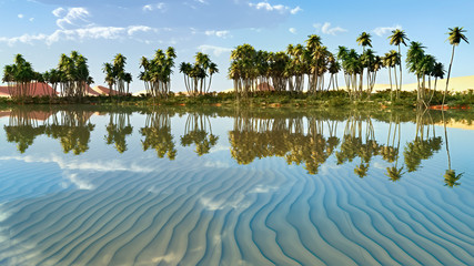 Palm trees near oasis in Africa 3d rendering - obrazy, fototapety, plakaty