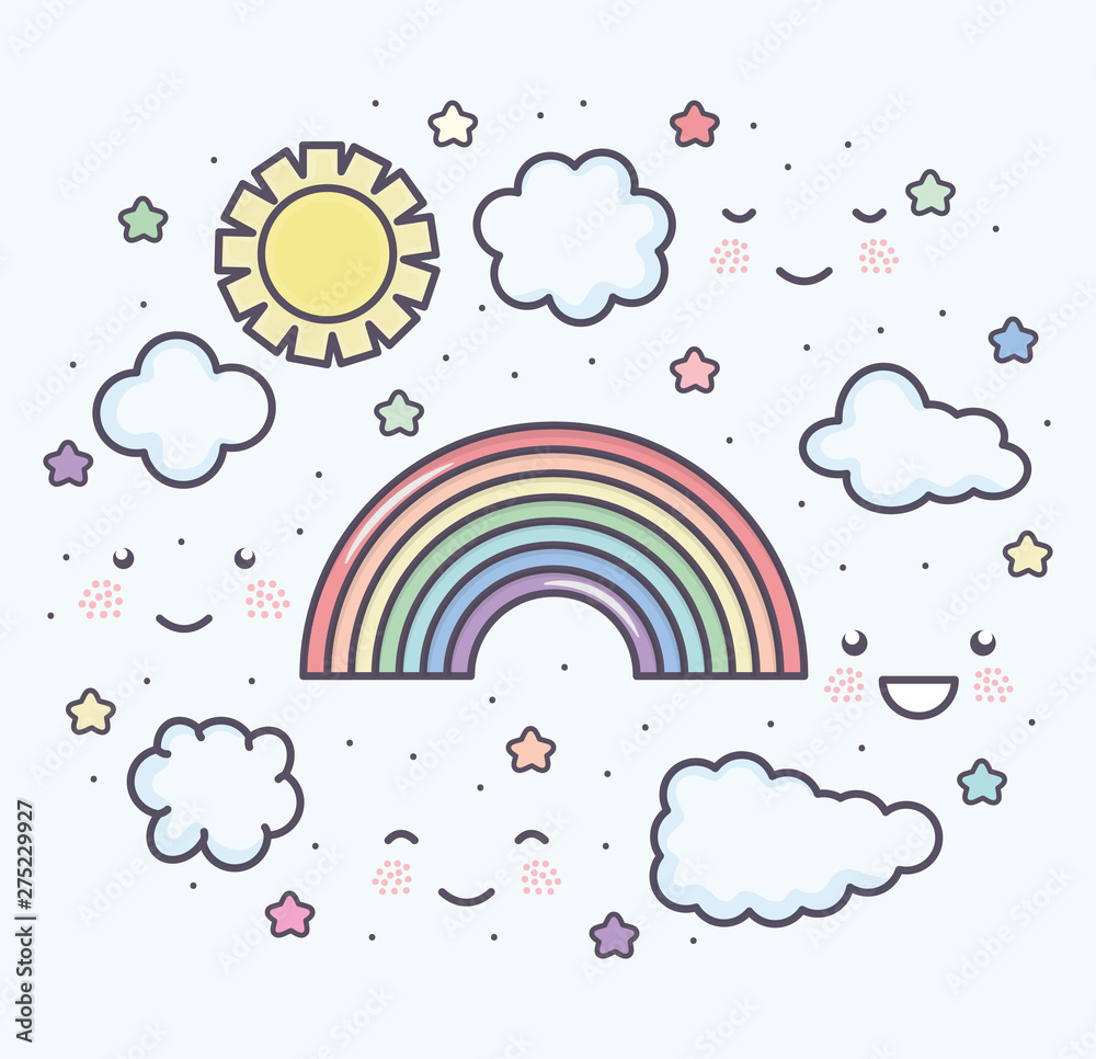 Poster cute summer sun and clouds with rainbow kawaii characters