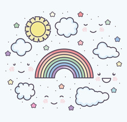cute summer sun and clouds with rainbow kawaii characters