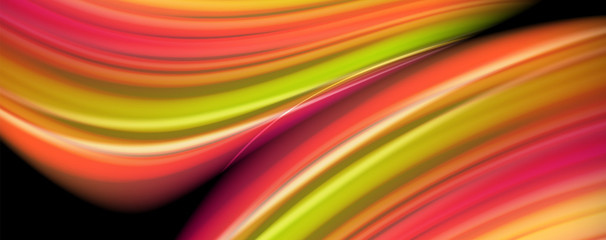 Abstract wave lines fluid rainbow style color stripes on black background. Artistic illustration for presentation, app wallpaper, banner or poster