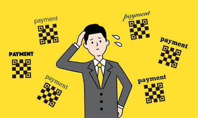QRコード乱立で迷う男性のイラストイメージ