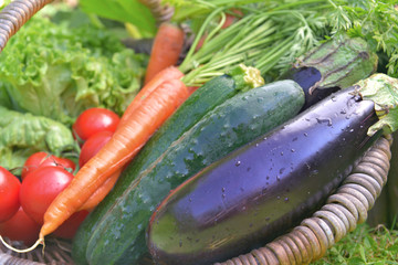 close on fresh vegetables covered with water drops  in a basket