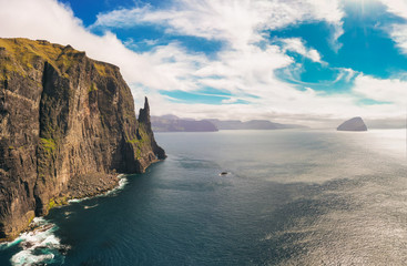 Aerial view of Trollkonufingur, also called The Witch's Finger on Faroe Islands