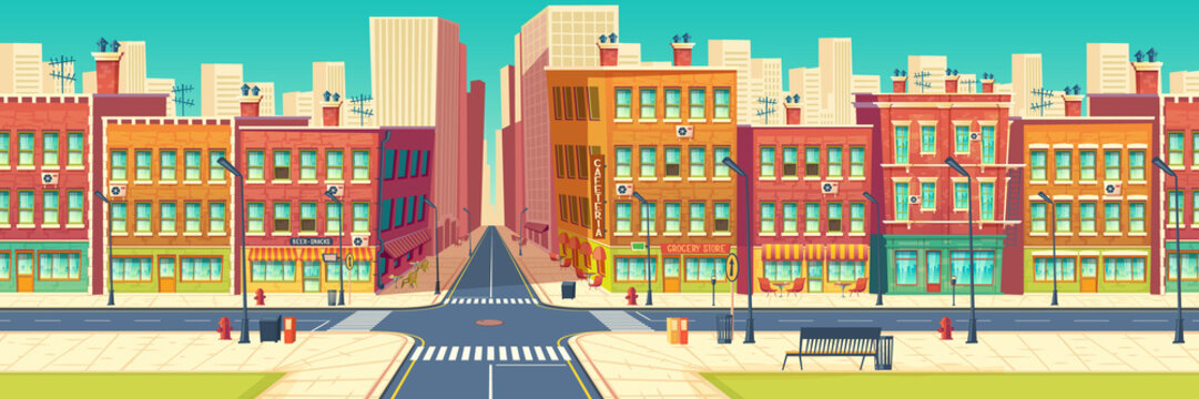 Old quarter street, city historical center district in modern metropolis cartoon vector. Roads crossing and crosswalks, cafe, restaurant, store showcases in retro architecture buildings illustration