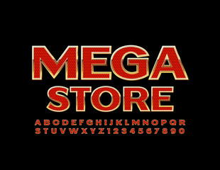 Fototapeta na wymiar Vector luxury label Megs Store with Golden and Red Font. Set of elite Alphabet Letters and Numbers.