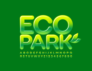 Vector stylish Sign Eco Park with bright green Font. Glossy green Alphabet Letters and Numbers.