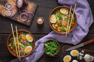Udon Noodle Soup with Vegetables. Vegetarian food.